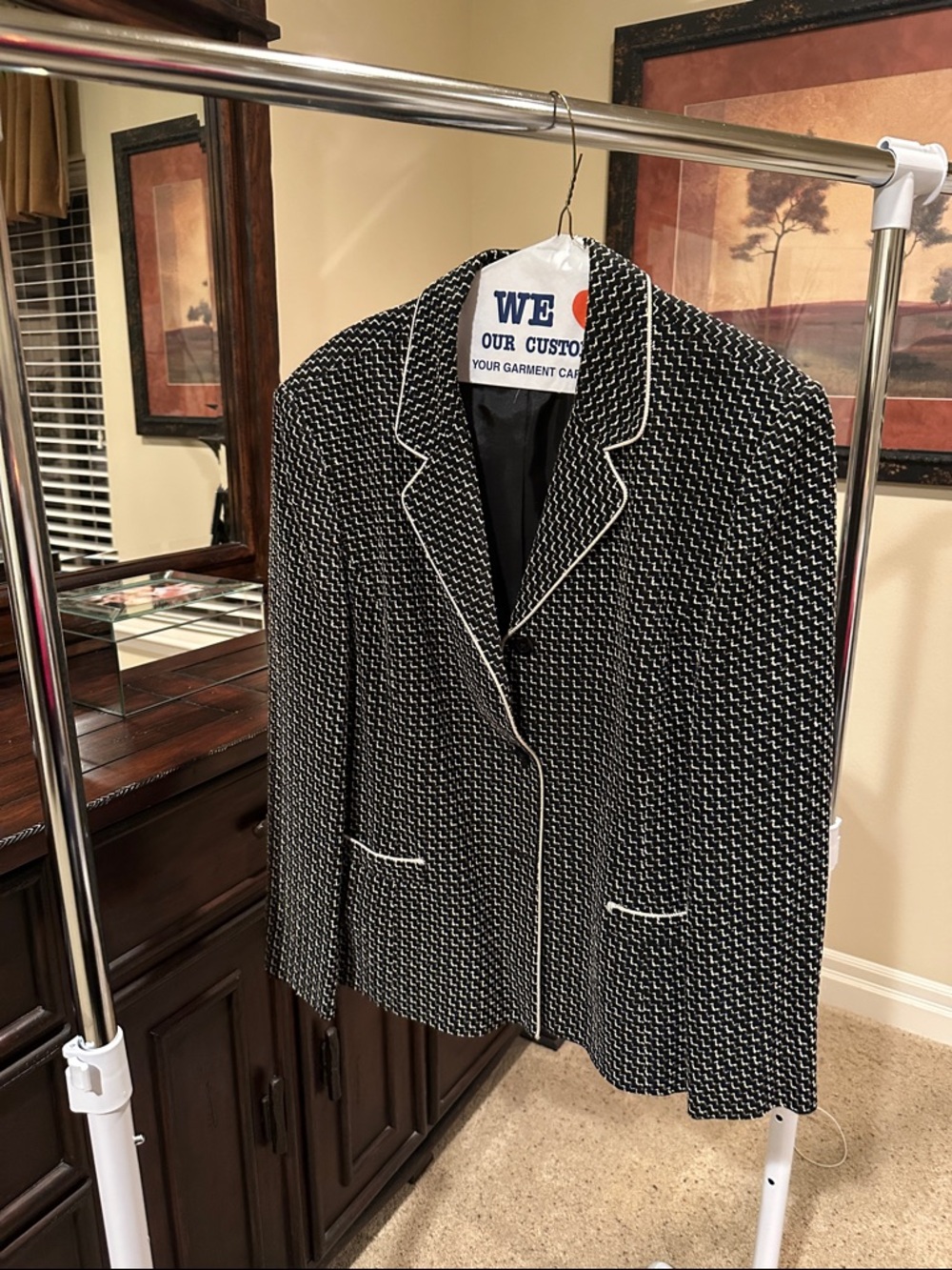 Talbots Black & White Textured Blazer with White Piping